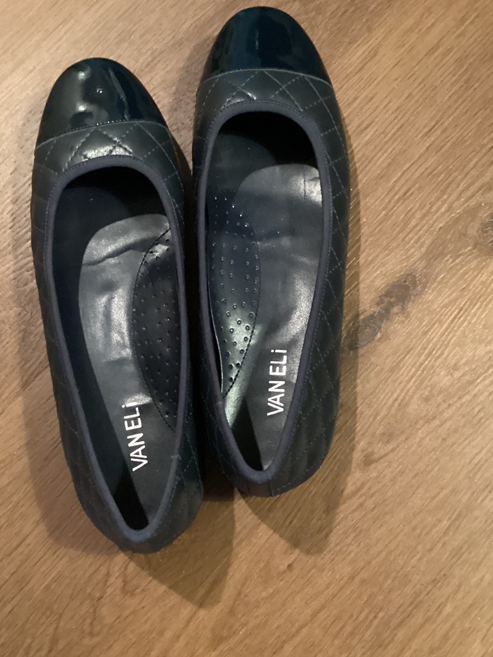 Vaneli Quilted Navy Patent Cap-Toe Ballet Flats